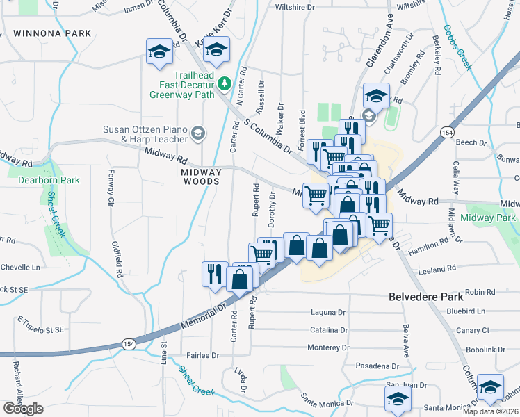 map of restaurants, bars, coffee shops, grocery stores, and more near 1342 Rupert Road in Decatur