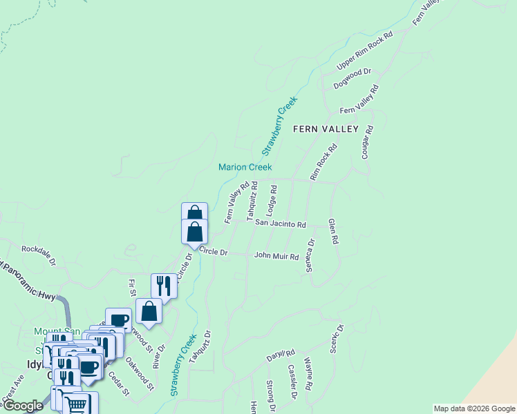 map of restaurants, bars, coffee shops, grocery stores, and more near 25300 Tahquitz Road in Idyllwild-Pine Cove