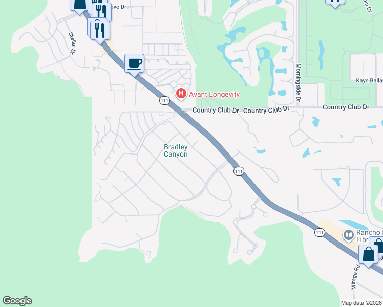 map of restaurants, bars, coffee shops, grocery stores, and more near 70499 Boothill Road in Rancho Mirage