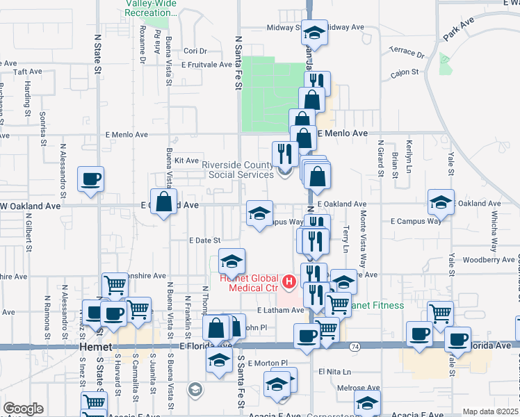 map of restaurants, bars, coffee shops, grocery stores, and more near 1015 East Oakland Avenue in Hemet