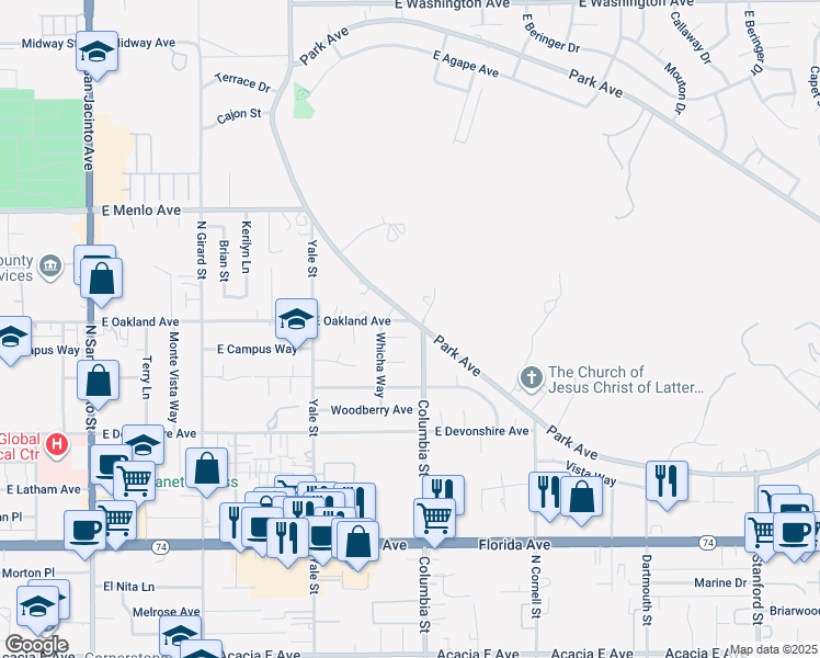 map of restaurants, bars, coffee shops, grocery stores, and more near 2450 Thata Way in Hemet