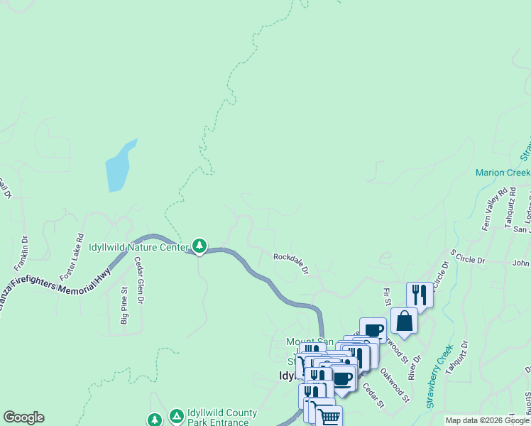map of restaurants, bars, coffee shops, grocery stores, and more near 25291 Cree Lane in Idyllwild-Pine Cove