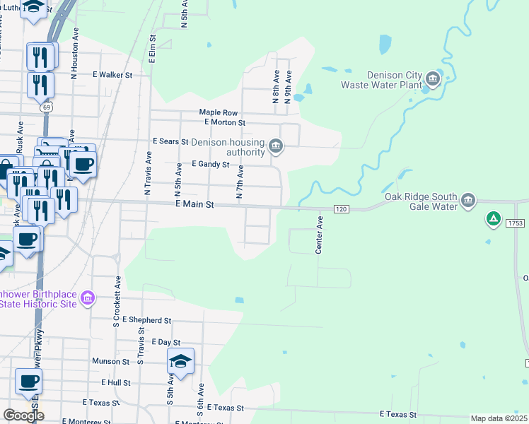 map of restaurants, bars, coffee shops, grocery stores, and more near 728 East Main Street in Denison