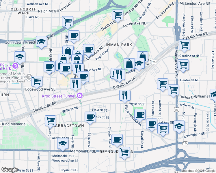 map of restaurants, bars, coffee shops, grocery stores, and more near 840 DeKalb Avenue Northeast in Atlanta