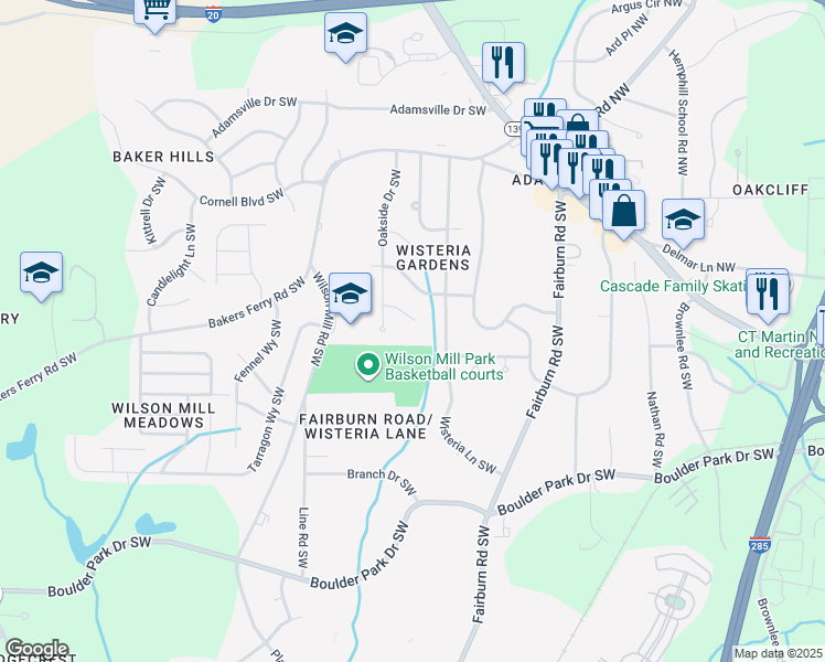 map of restaurants, bars, coffee shops, grocery stores, and more near 3764 Leesburg Court Southwest in Atlanta