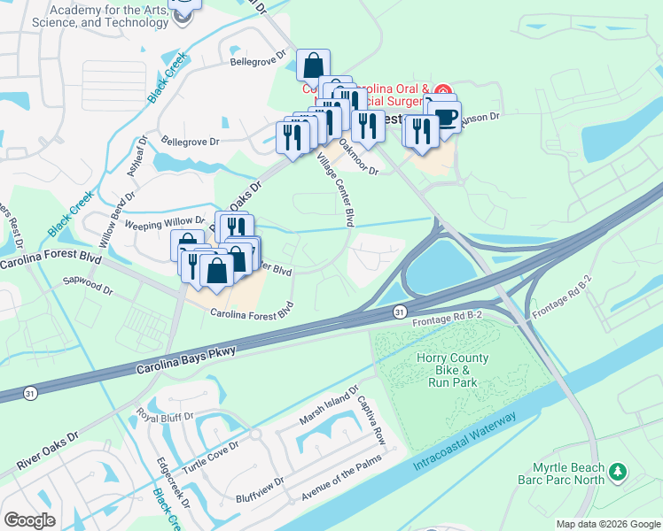 map of restaurants, bars, coffee shops, grocery stores, and more near 186 Village Center Boulevard in Myrtle Beach