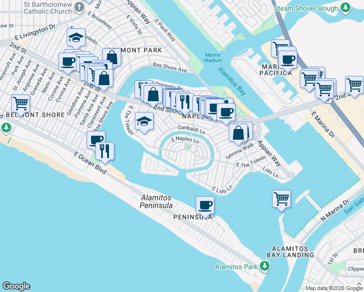 map of restaurants, bars, coffee shops, grocery stores, and more near 103 North Ravenna Drive in Long Beach