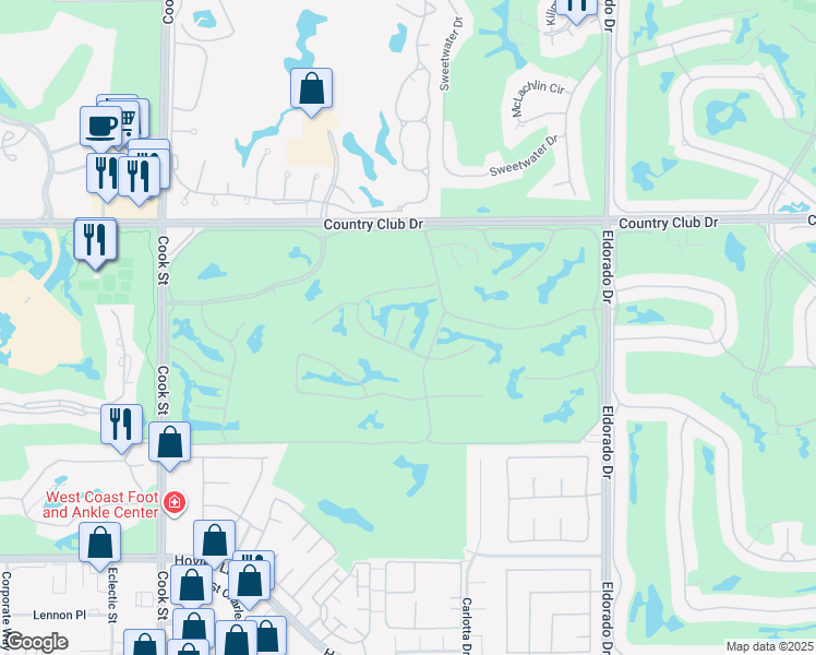 map of restaurants, bars, coffee shops, grocery stores, and more near 106 Tanglewood Trail in Palm Desert