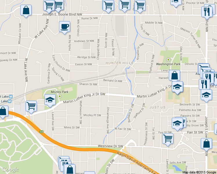 map of restaurants, bars, coffee shops, grocery stores, and more near Chicamauga Avenue Northwest & Sharon Street Northwest in Atlanta