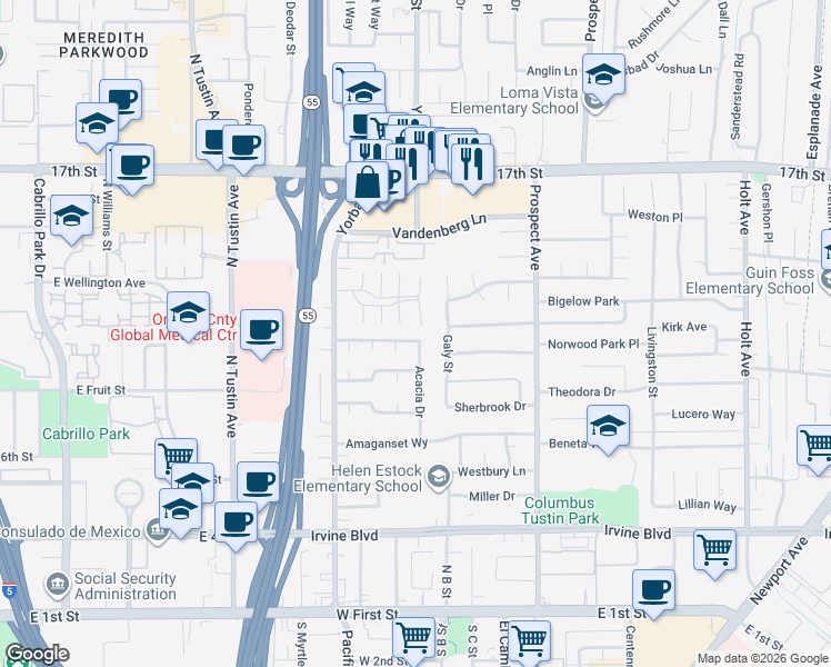 map of restaurants, bars, coffee shops, grocery stores, and more near 14352 Acacia Drive in Tustin