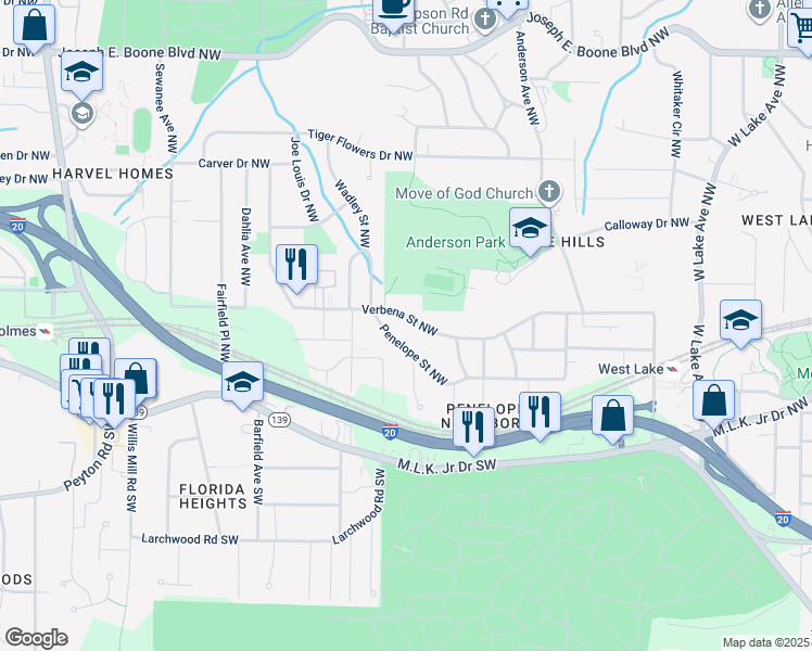 map of restaurants, bars, coffee shops, grocery stores, and more near 2094 Verbena Street Northwest in Atlanta