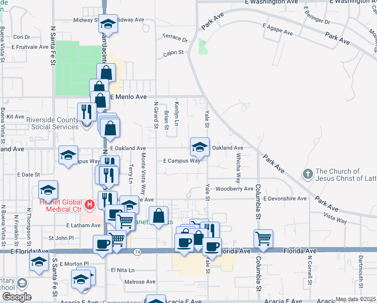 map of restaurants, bars, coffee shops, grocery stores, and more near 1929 East Oakland Avenue in Hemet