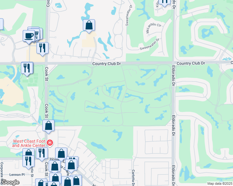 map of restaurants, bars, coffee shops, grocery stores, and more near 106 Tanglewood Trail in Palm Desert