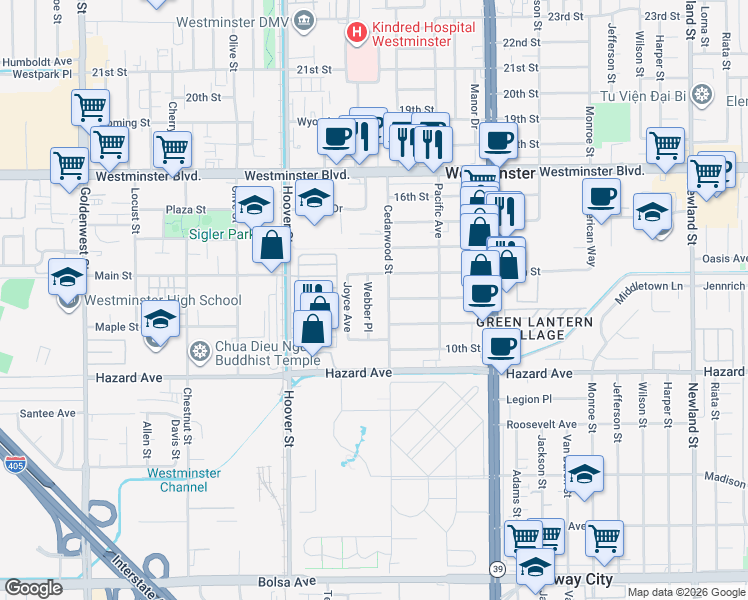 map of restaurants, bars, coffee shops, grocery stores, and more near 14302 Webber Place in Westminster