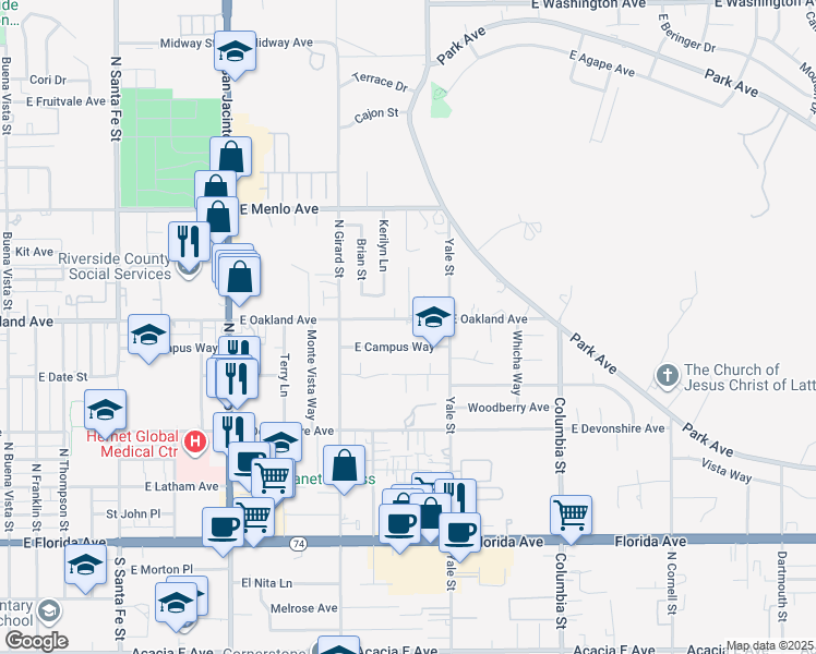 map of restaurants, bars, coffee shops, grocery stores, and more near 1929 East Oakland Avenue in Hemet