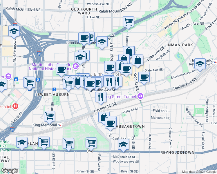 map of restaurants, bars, coffee shops, grocery stores, and more near 560 Edgewood Avenue Southeast in Atlanta