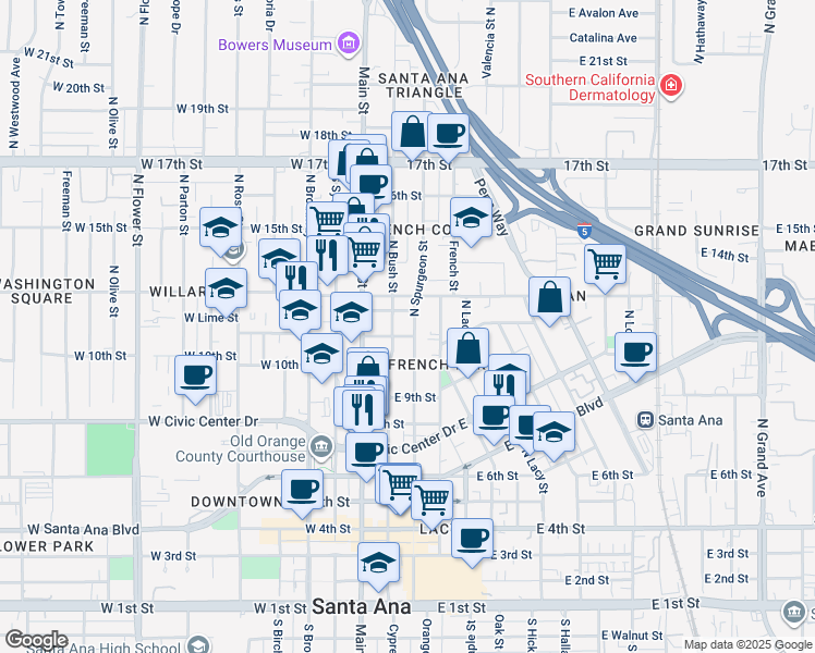 map of restaurants, bars, coffee shops, grocery stores, and more near 1106 North Spurgeon Street in Santa Ana