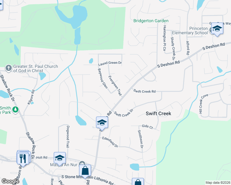 map of restaurants, bars, coffee shops, grocery stores, and more near 1331 Baywood Glen in Lithonia