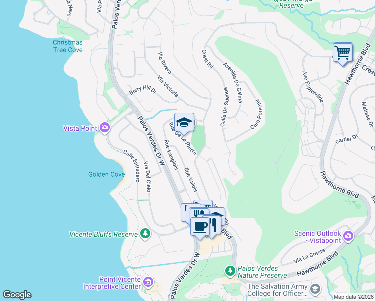 map of restaurants, bars, coffee shops, grocery stores, and more near 30623 Rue De La Pierre in Rancho Palos Verdes