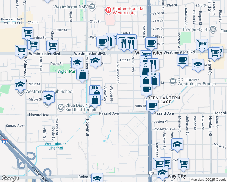 map of restaurants, bars, coffee shops, grocery stores, and more near 14302 Webber Place in Westminster