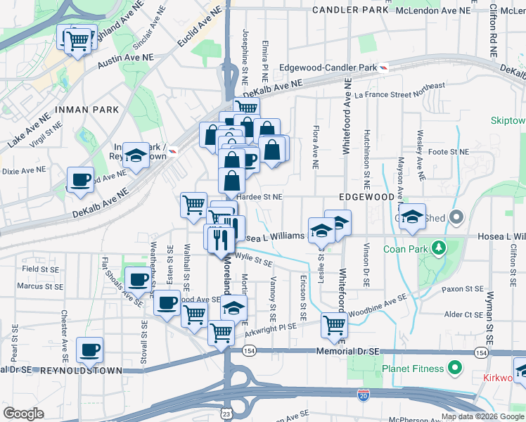 map of restaurants, bars, coffee shops, grocery stores, and more near 34 Sanderson Street Northeast in Atlanta