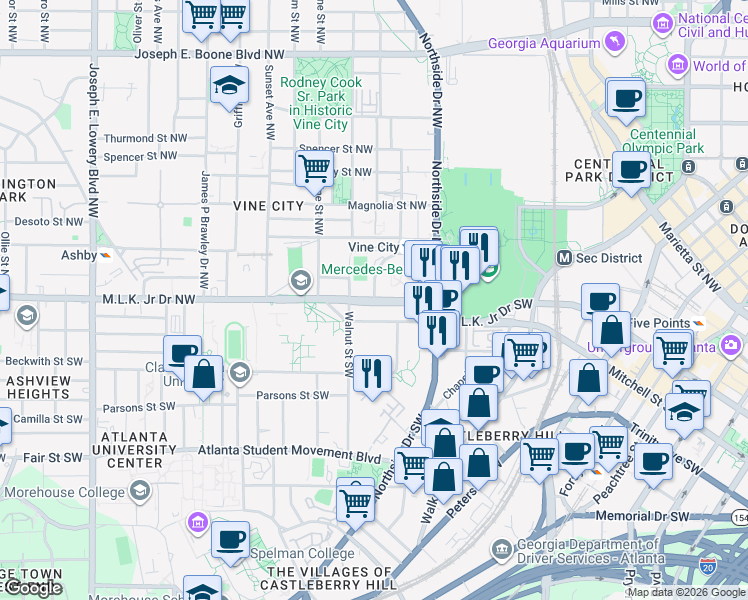 map of restaurants, bars, coffee shops, grocery stores, and more near 55 Maple Street Northwest in Atlanta