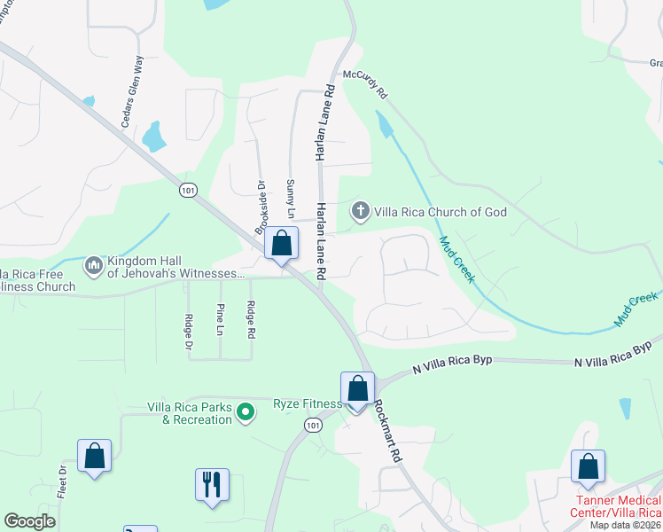 map of restaurants, bars, coffee shops, grocery stores, and more near 33 Harlan Lane Road in Villa Rica