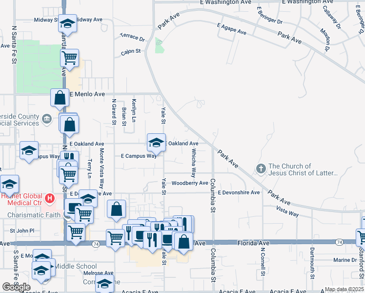 map of restaurants, bars, coffee shops, grocery stores, and more near 4409 East Oakland Avenue in Hemet