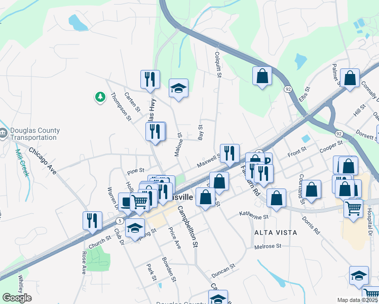 map of restaurants, bars, coffee shops, grocery stores, and more near 8261 Max Court in Douglasville