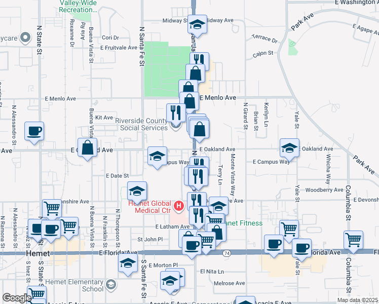map of restaurants, bars, coffee shops, grocery stores, and more near 456 North Weston Place in Hemet
