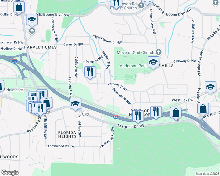 map of restaurants, bars, coffee shops, grocery stores, and more near 2178 Penelope Street Northwest in Atlanta