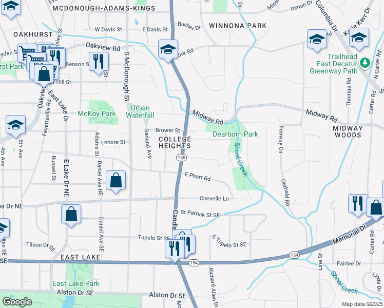 map of restaurants, bars, coffee shops, grocery stores, and more near 120 Candler Drive in Decatur