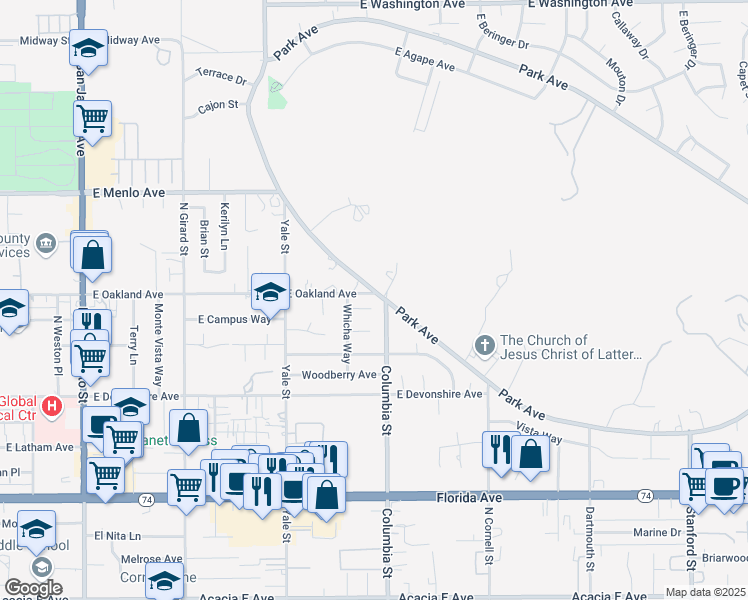 map of restaurants, bars, coffee shops, grocery stores, and more near 2450 Thata Way in Hemet