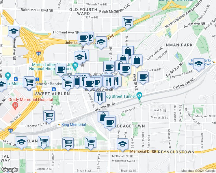 map of restaurants, bars, coffee shops, grocery stores, and more near 572 Edgewood Avenue Northeast in Atlanta