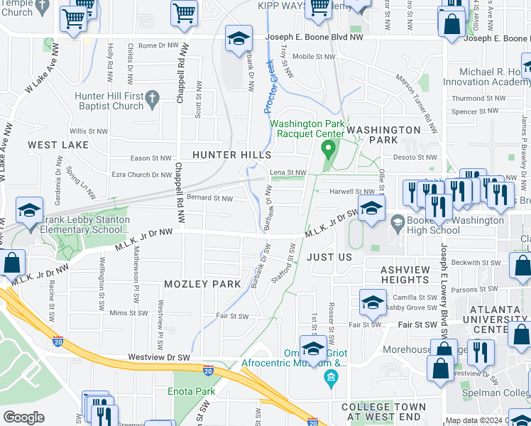 map of restaurants, bars, coffee shops, grocery stores, and more near 15 Rockmart Drive Southwest in Atlanta