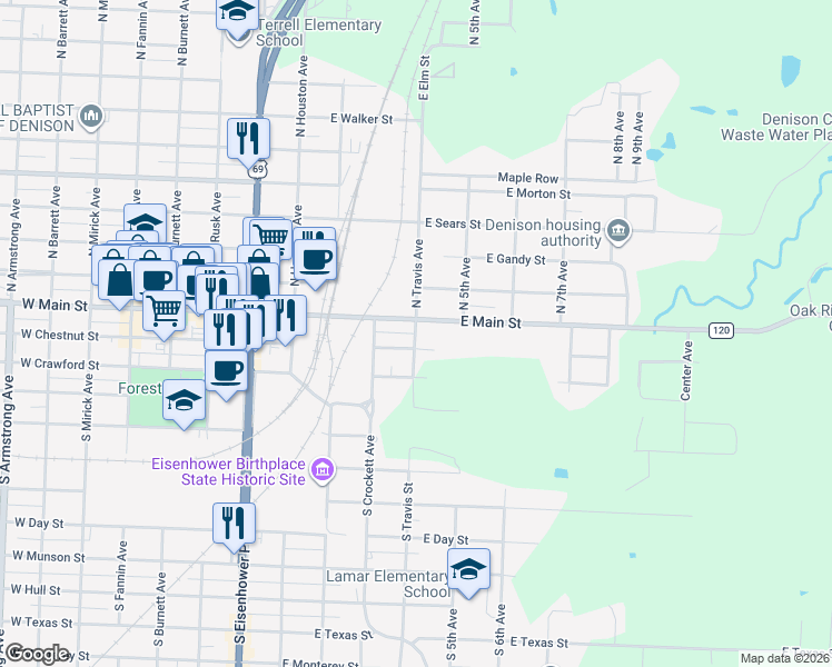 map of restaurants, bars, coffee shops, grocery stores, and more near 323 East Chestnut Street in Denison