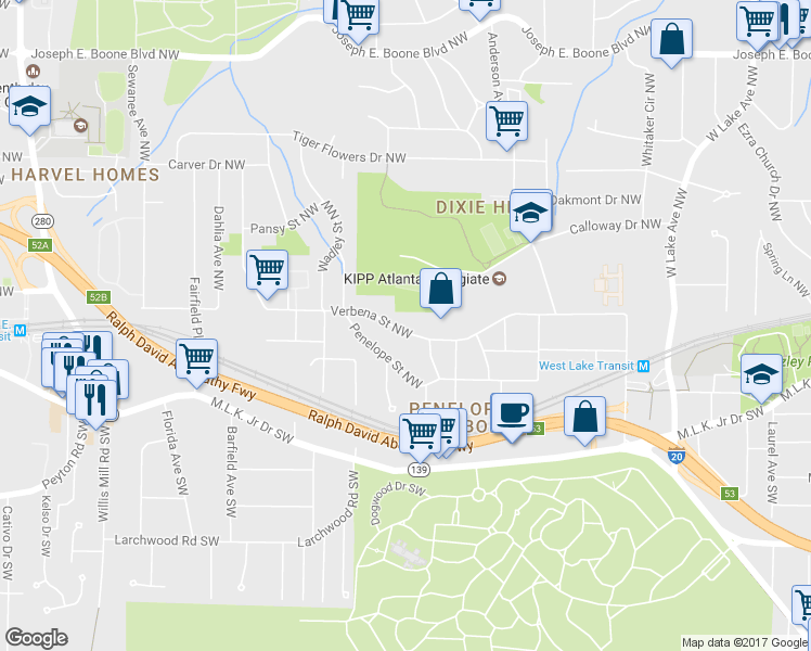 map of restaurants, bars, coffee shops, grocery stores, and more near 2081 Verbena Street Northwest in Atlanta