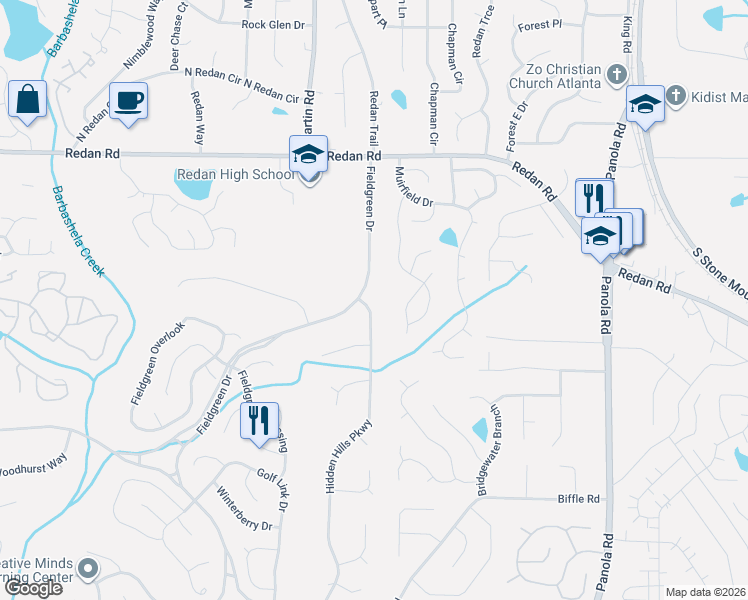 map of restaurants, bars, coffee shops, grocery stores, and more near 1304 Hidden Hills Parkway in Stone Mountain