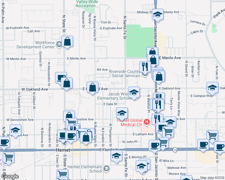 map of restaurants, bars, coffee shops, grocery stores, and more near 701 East Oakland Avenue in Hemet