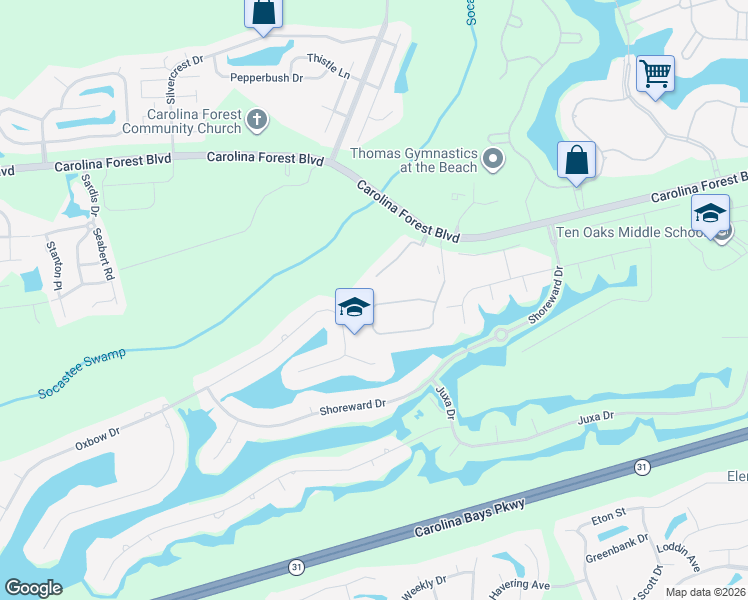 map of restaurants, bars, coffee shops, grocery stores, and more near 136 Westhaven Drive in Myrtle Beach