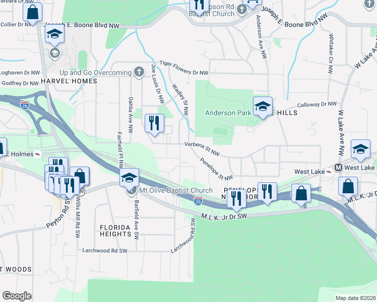 map of restaurants, bars, coffee shops, grocery stores, and more near 67 Wadley Street Northwest in Atlanta