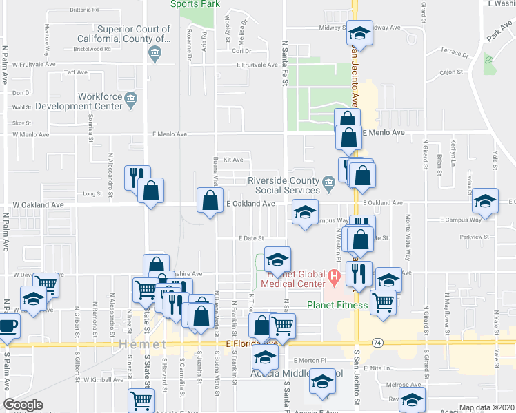 map of restaurants, bars, coffee shops, grocery stores, and more near 701 East Oakland Avenue in Hemet