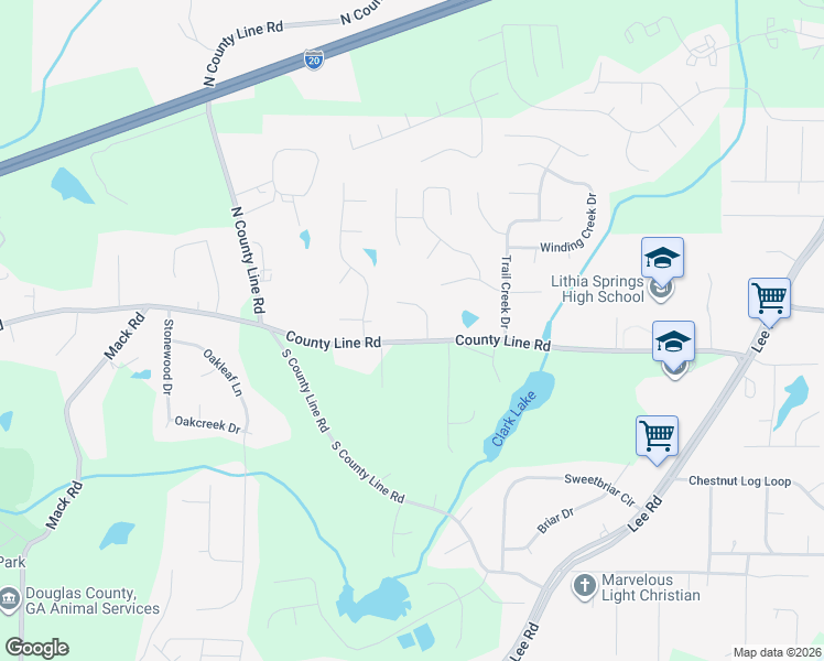map of restaurants, bars, coffee shops, grocery stores, and more near 2808 East County Line Road in Lithia Springs