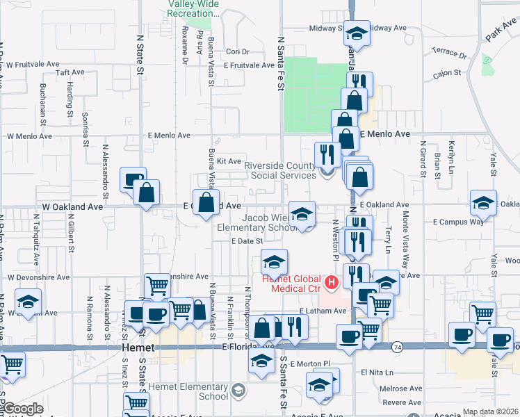 map of restaurants, bars, coffee shops, grocery stores, and more near 459 North Taylor Street in Hemet