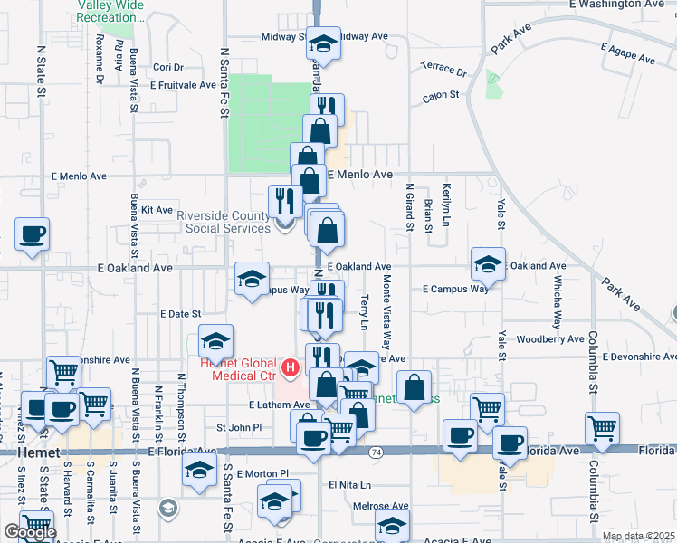 map of restaurants, bars, coffee shops, grocery stores, and more near 1375 East Oakland Avenue in Hemet