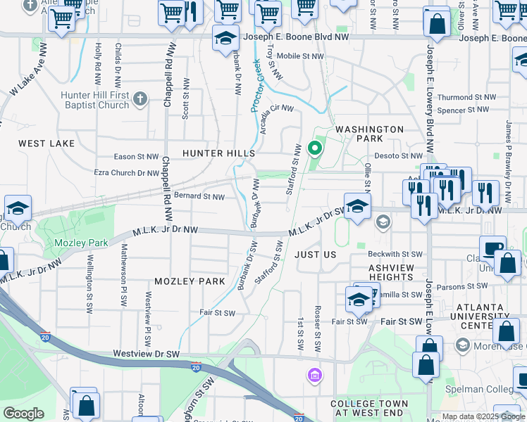 map of restaurants, bars, coffee shops, grocery stores, and more near 4 Burbank Drive Southwest in Atlanta