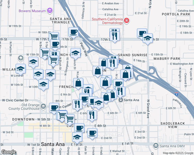 map of restaurants, bars, coffee shops, grocery stores, and more near 920 Poinsettia Street North in Santa Ana
