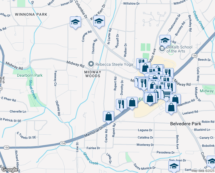 map of restaurants, bars, coffee shops, grocery stores, and more near 1342 Carter Road in Decatur