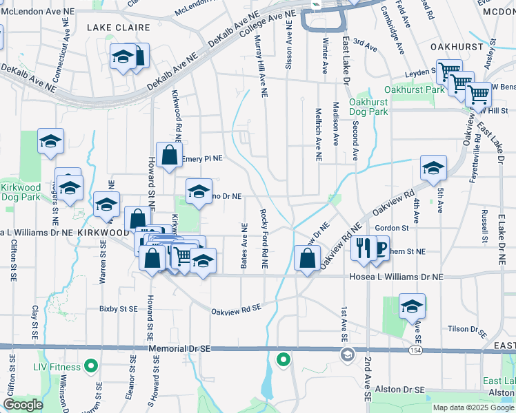 map of restaurants, bars, coffee shops, grocery stores, and more near 102 Rockyford Road Northeast in Atlanta