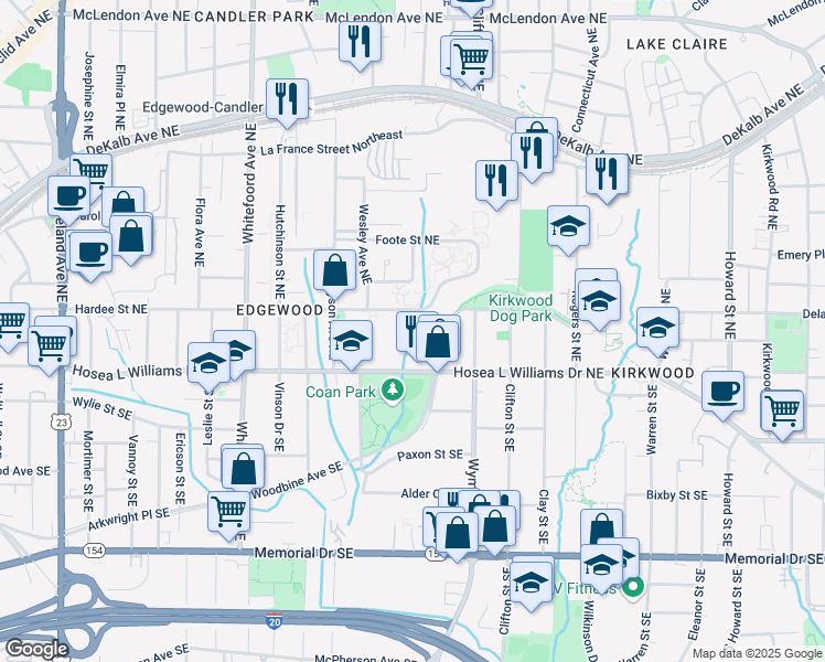 map of restaurants, bars, coffee shops, grocery stores, and more near 123 Wesley Avenue Northeast in Atlanta